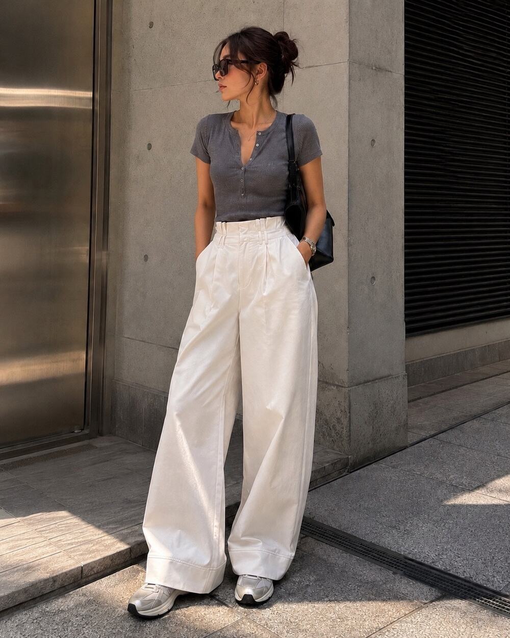ANEWSTA White High Waist Wide Leg Palazzo Culotte Pants Paperbag Size Small EU36